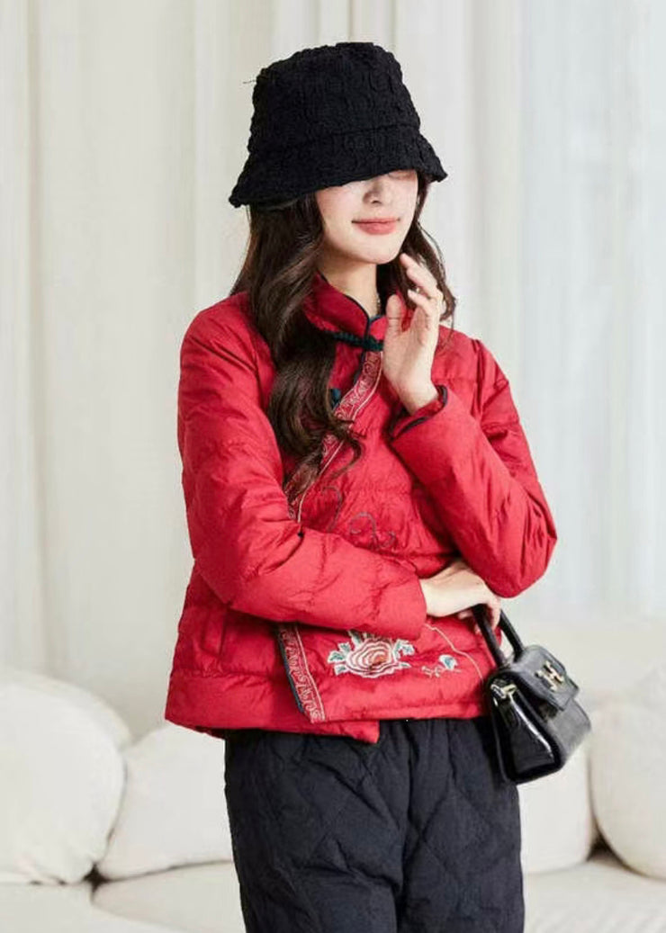 Loose Red Stand Collar Chinese Button Duck Down Filled Down Coat