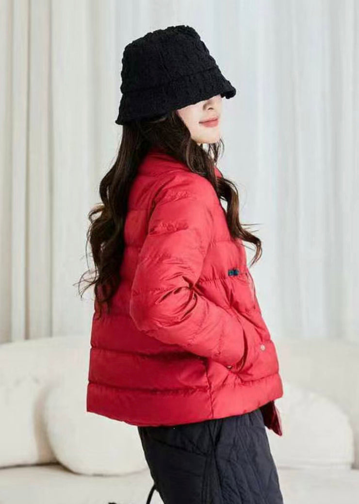 Loose Red Stand Collar Chinese Button Duck Down Filled Down Coat