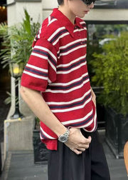 Loose Red Striped Button Knit Mens Polo Shirts Summer