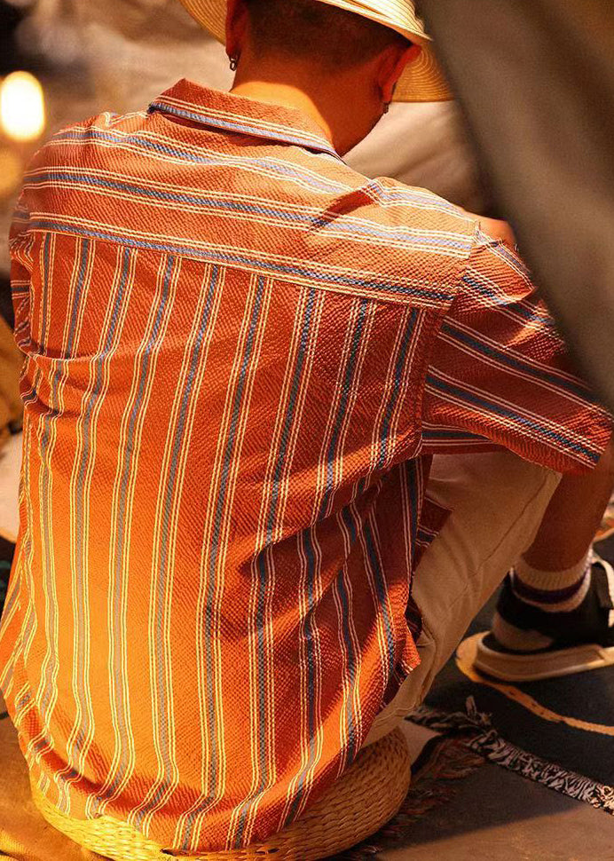 Loose Red Striped Button Pockets Cotton Polo Shirt Men Summer