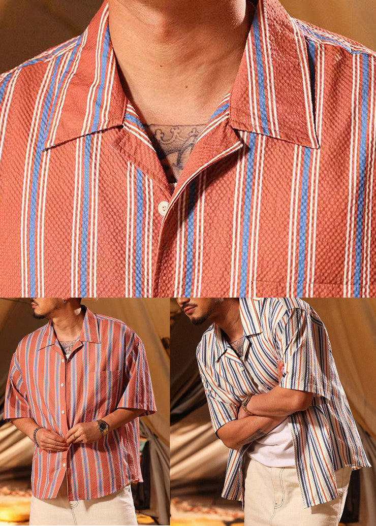 Loose Red Striped Button Pockets Cotton Polo Shirt Men Summer