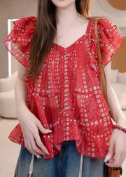 Loose Red V Neck Print Cotton Blouses Summer