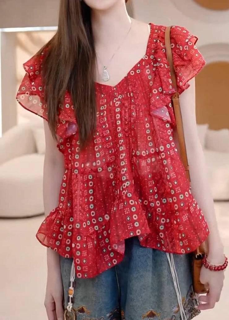 Loose Red V Neck Print Cotton Blouses Summer