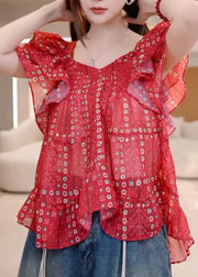 Loose Red V Neck Print Cotton Blouses Summer