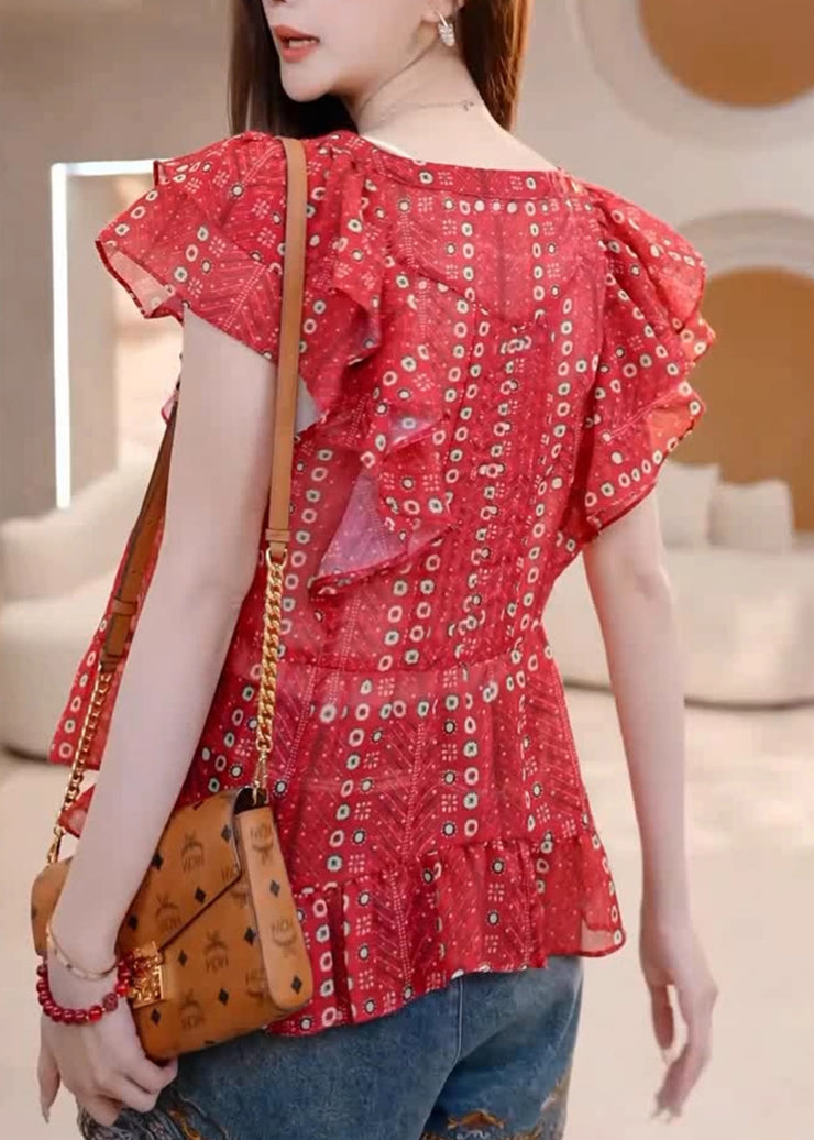 Loose Red V Neck Print Cotton Blouses Summer