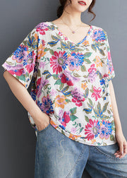 Loose Red V Neck Print T Shirt Summer