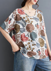 Loose Red V Neck Print T Shirt Summer