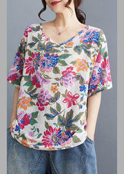 Loose Red V Neck Print T Shirt Summer