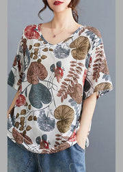 Loose Red V Neck Print T Shirt Summer