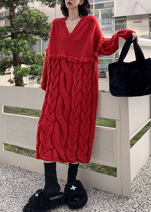 Loose Red V Neck Tasseled Cable Knit Sweater Dress Winter