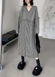 Loose Red V Neck Tasseled Cable Knit Sweater Dress Winter