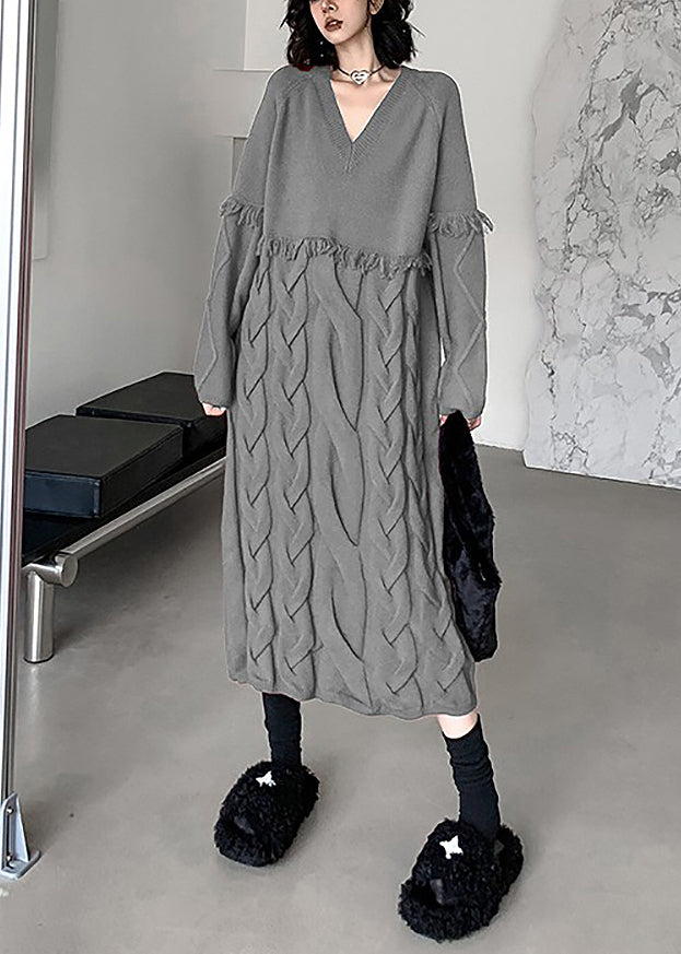 Loose Red V Neck Tasseled Cable Knit Sweater Dress Winter