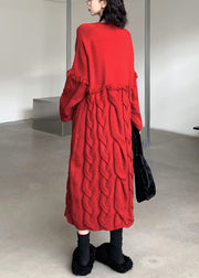 Loose Red V Neck Tasseled Cable Knit Sweater Dress Winter