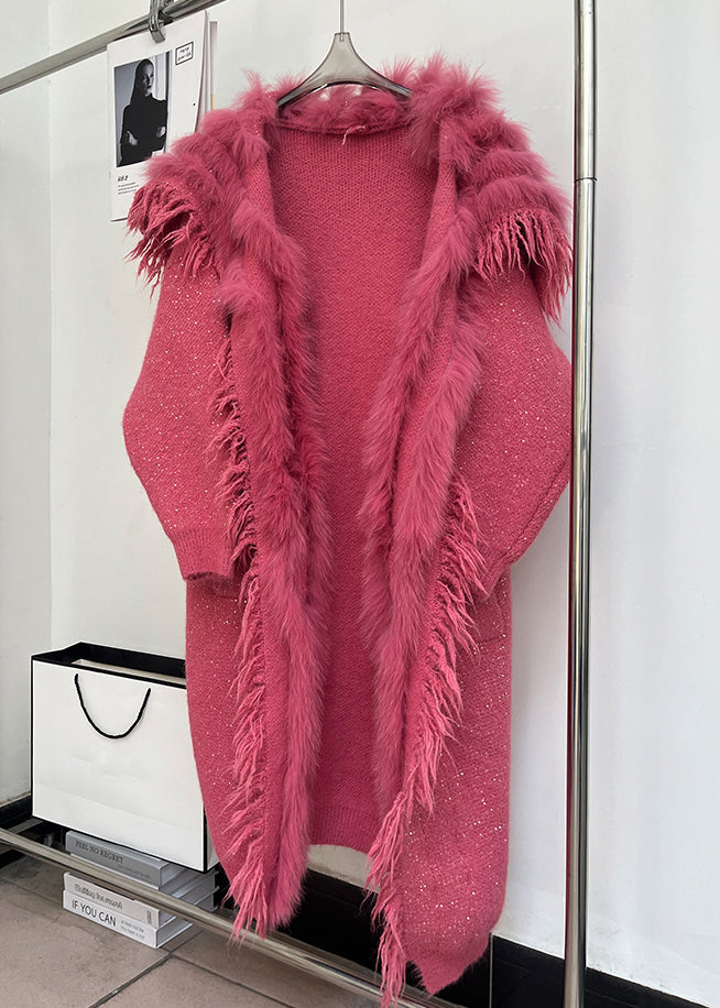 Loose Rose Fox Collar Patchwork Woolen Coats Winter