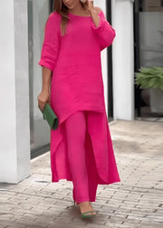 Loose Rose O-Neck Asymmetrical Solid Top And Straight Pants Two Pieces Set Summer