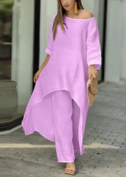 Loose Rose O-Neck Asymmetrical Solid Top And Straight Pants Two Pieces Set Summer