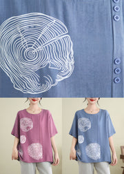 Loose Rose Patchwork Button Ice Silk Tops Short Sleeve