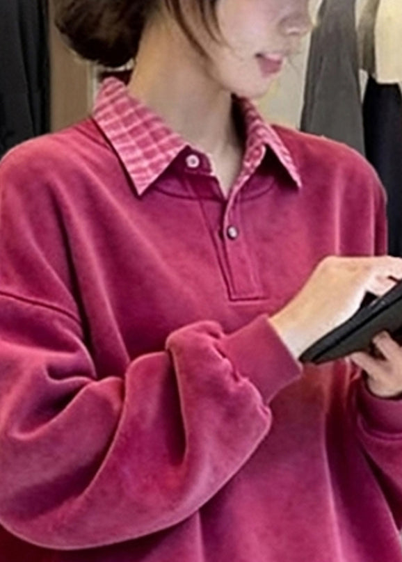 Loose Rose Peter Pan Collar Patchwork False Two Pieces Corduroy Sweatshirts Winter