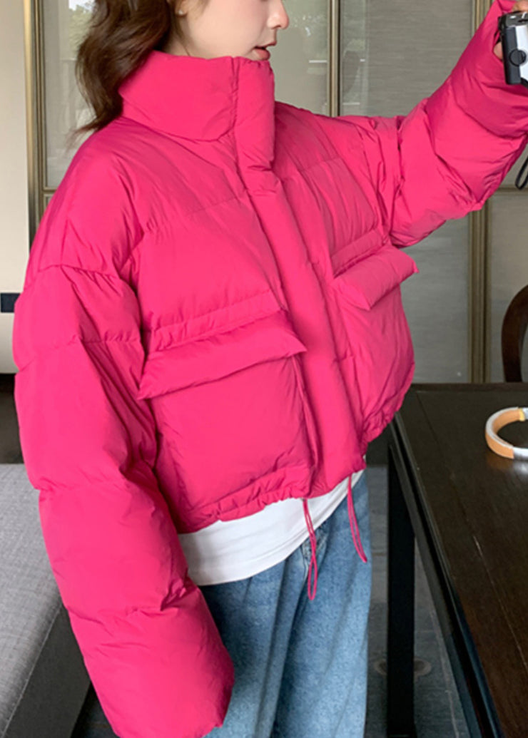 Loose Rose Stand Collar Pockets Drawstring Duck Down Puffer Coat Winter