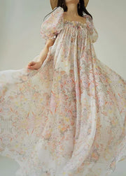 Loose Ruffled Print Lace Up Chiffon Maxi Dresses Puff Sleeve