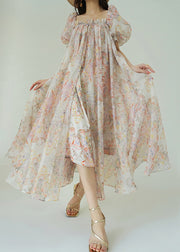 Loose Ruffled Print Lace Up Chiffon Maxi Dresses Puff Sleeve