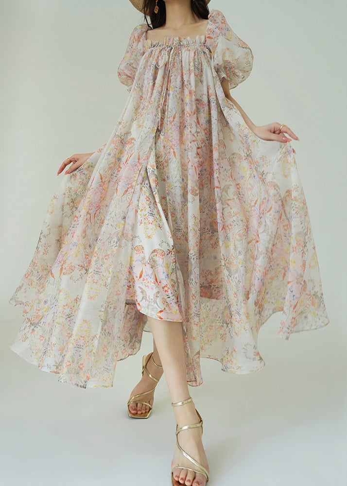 Loose Ruffled Print Lace Up Chiffon Maxi Dresses Puff Sleeve