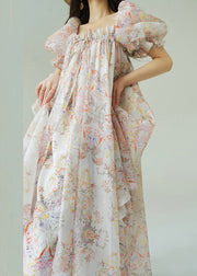 Loose Ruffled Print Lace Up Chiffon Maxi Dresses Puff Sleeve