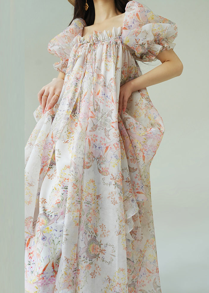Loose Ruffled Print Lace Up Chiffon Maxi Dresses Puff Sleeve