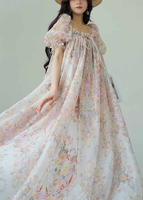 Loose Ruffled Print Lace Up Chiffon Maxi Dresses Puff Sleeve