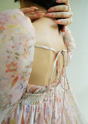 Loose Ruffled Print Lace Up Chiffon Maxi Dresses Puff Sleeve