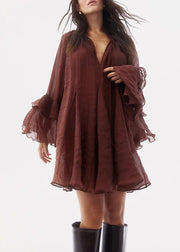 Loose Rust V Neck Tie Waist Cotton Mid Dress Fall