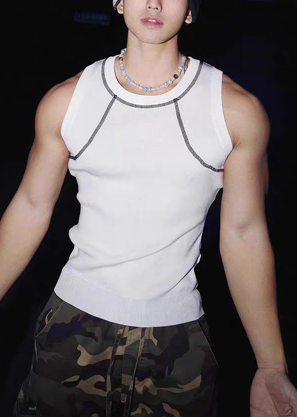Loose Sky Blue O Neck Solid Patchwork Cotton Men Tank Sleeveless