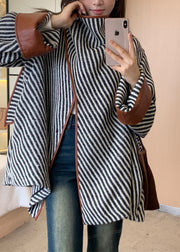 Loose Striped Asymmetrical Patchwork Woolen Coat Fall