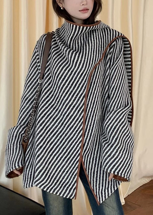 Loose Striped Asymmetrical Patchwork Woolen Coat Fall