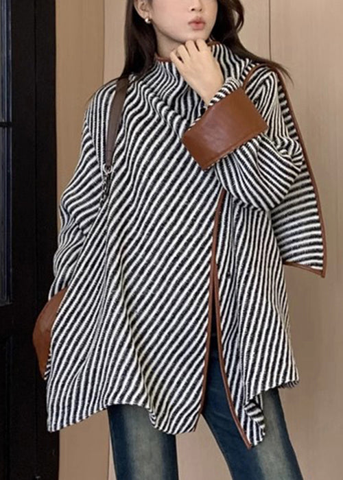 Loose Striped Asymmetrical Patchwork Woolen Coat Fall