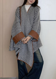 Loose Striped Asymmetrical Patchwork Woolen Coat Fall