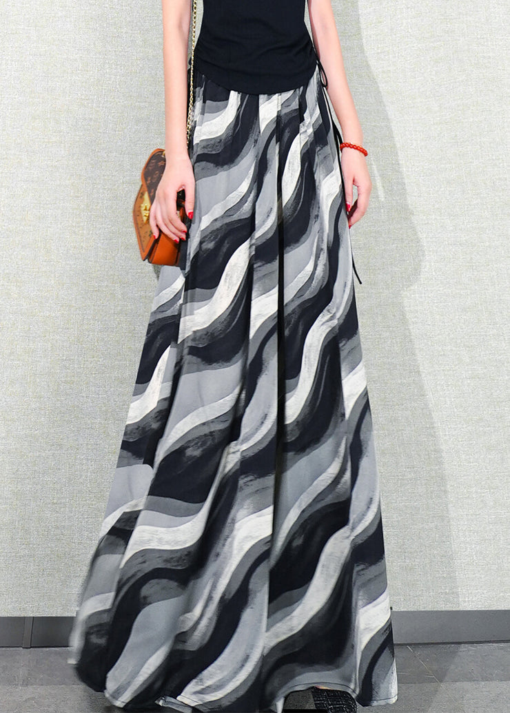 Loose Striped Pockets Elastic Waist Chiffon Pants Skirt Summer