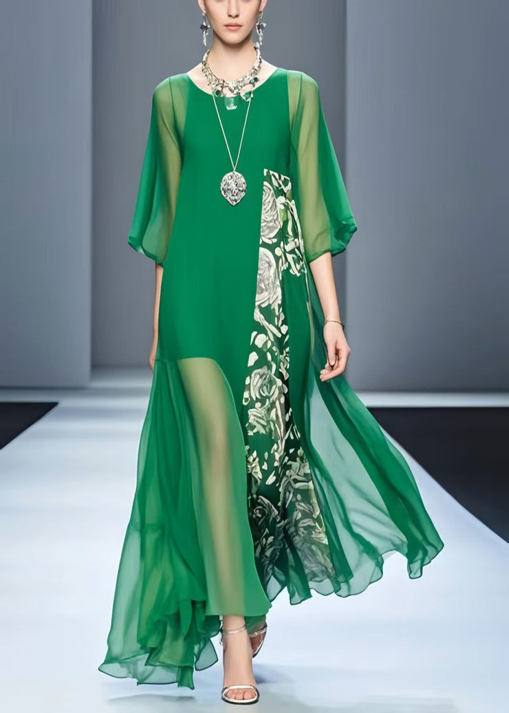 Loose Tea Green Asymmetrical Patchwork Chiffon Dress Summer