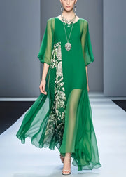 Loose Tea Green Asymmetrical Patchwork Chiffon Dress Summer