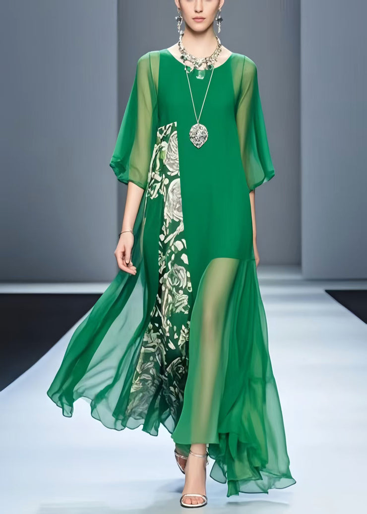 Loose Tea Green Asymmetrical Patchwork Chiffon Dress Summer