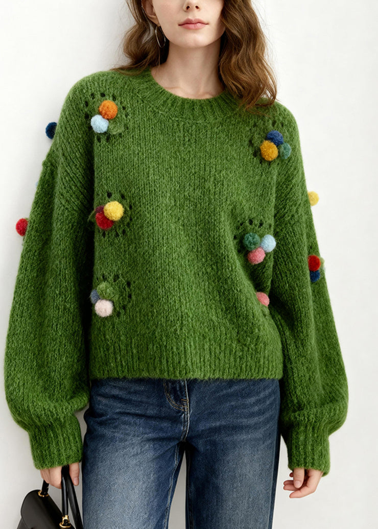 Loose Tea Green Fuzzy Ball Decorated Hollow Out Knit Pullover Winter