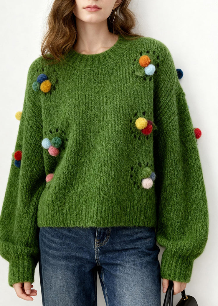 Loose Tea Green Fuzzy Ball Decorated Hollow Out Knit Pullover Winter