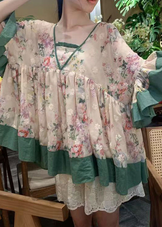 Loose V Neck Embroidered Cotton Shirt Tops Butterfly Sleeve