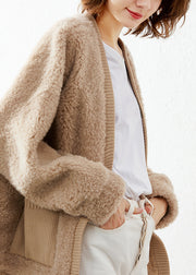 Loose V Neck Pockets Patchwork Faux Fur Coats Winter