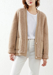 Loose V Neck Pockets Patchwork Faux Fur Coats Winter