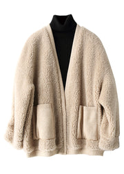 Loose V Neck Pockets Patchwork Faux Fur Coats Winter