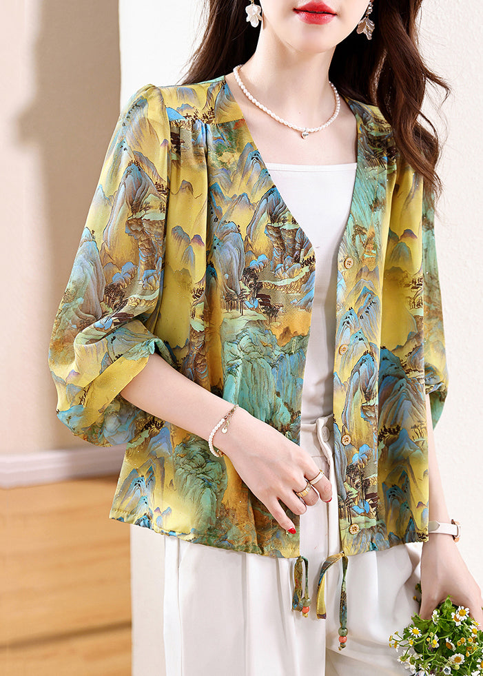 Loose V Neck Print Button Silk Blouses Fall