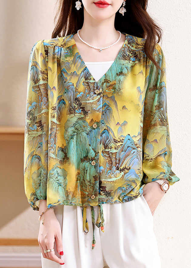 Loose V Neck Print Button Silk Blouses Fall