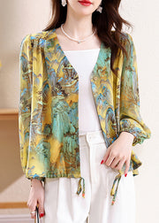 Loose V Neck Print Button Silk Blouses Fall
