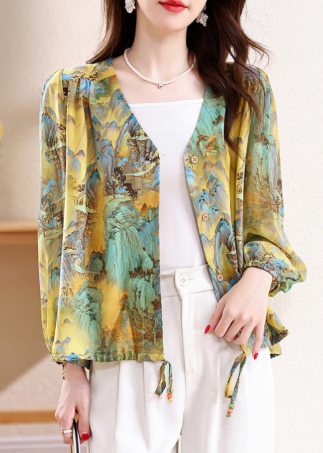 Loose V Neck Print Button Silk Blouses Fall